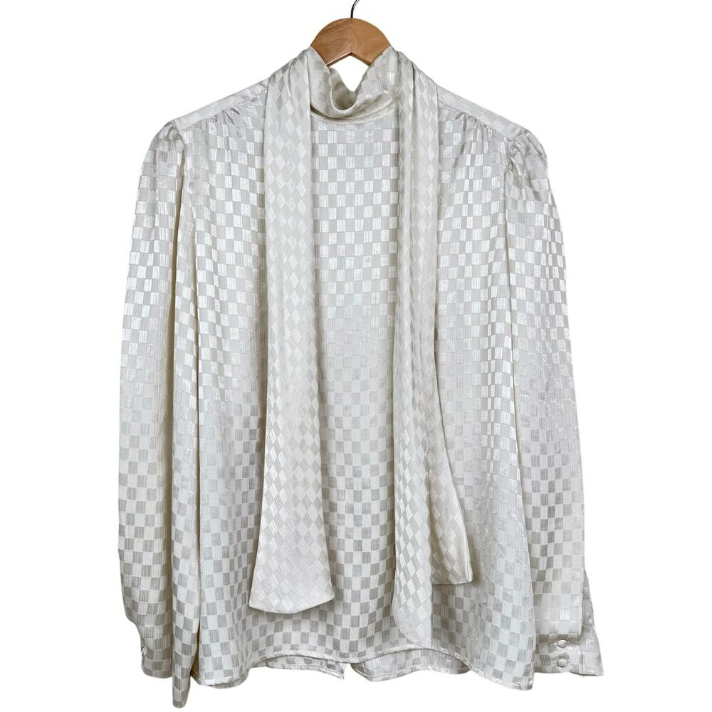 Vintage 80s Jack Winter Checkered Jacquard Tie Neck Blouse Ivory Romantic 14